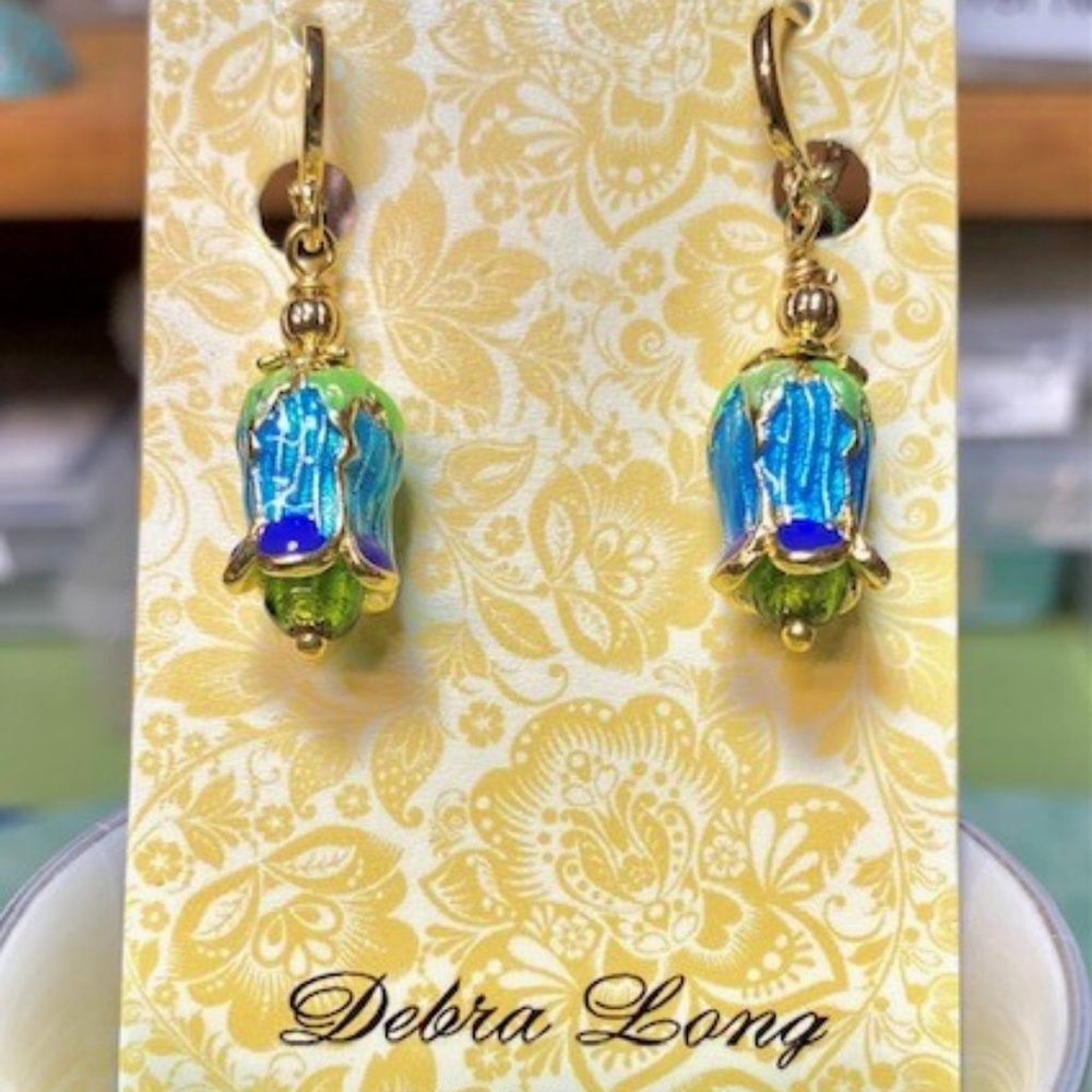 Cloisonne & Lamp Work Glass & Gold Earrings